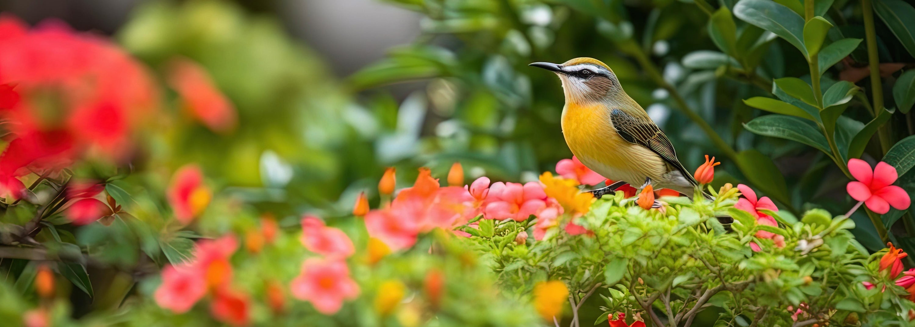 Beautiful yellow bird sitting in a garden full of red flowers